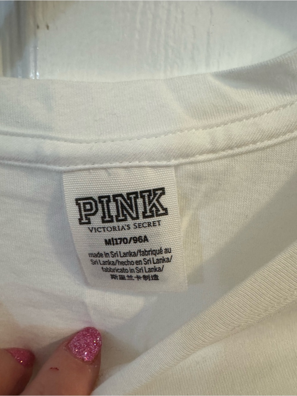 PINK Victoria's Secret White Long-Sleeve Pocket Tee with Dog Logo, rainbow sleev - Picture 3 of 5